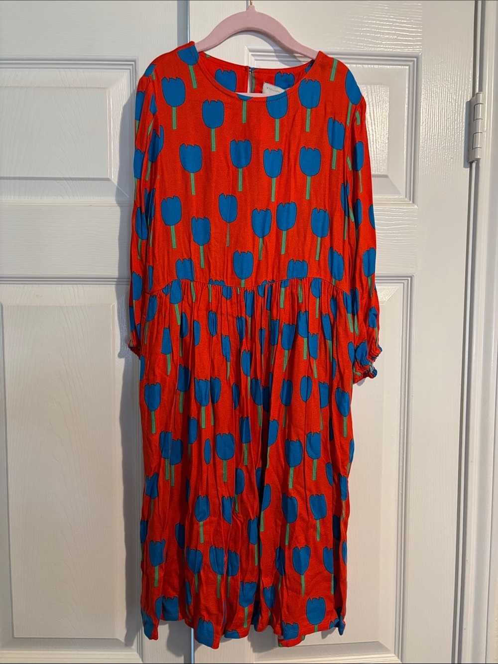 Stella McCartney Red Midi Dress with Blue Tulip Print